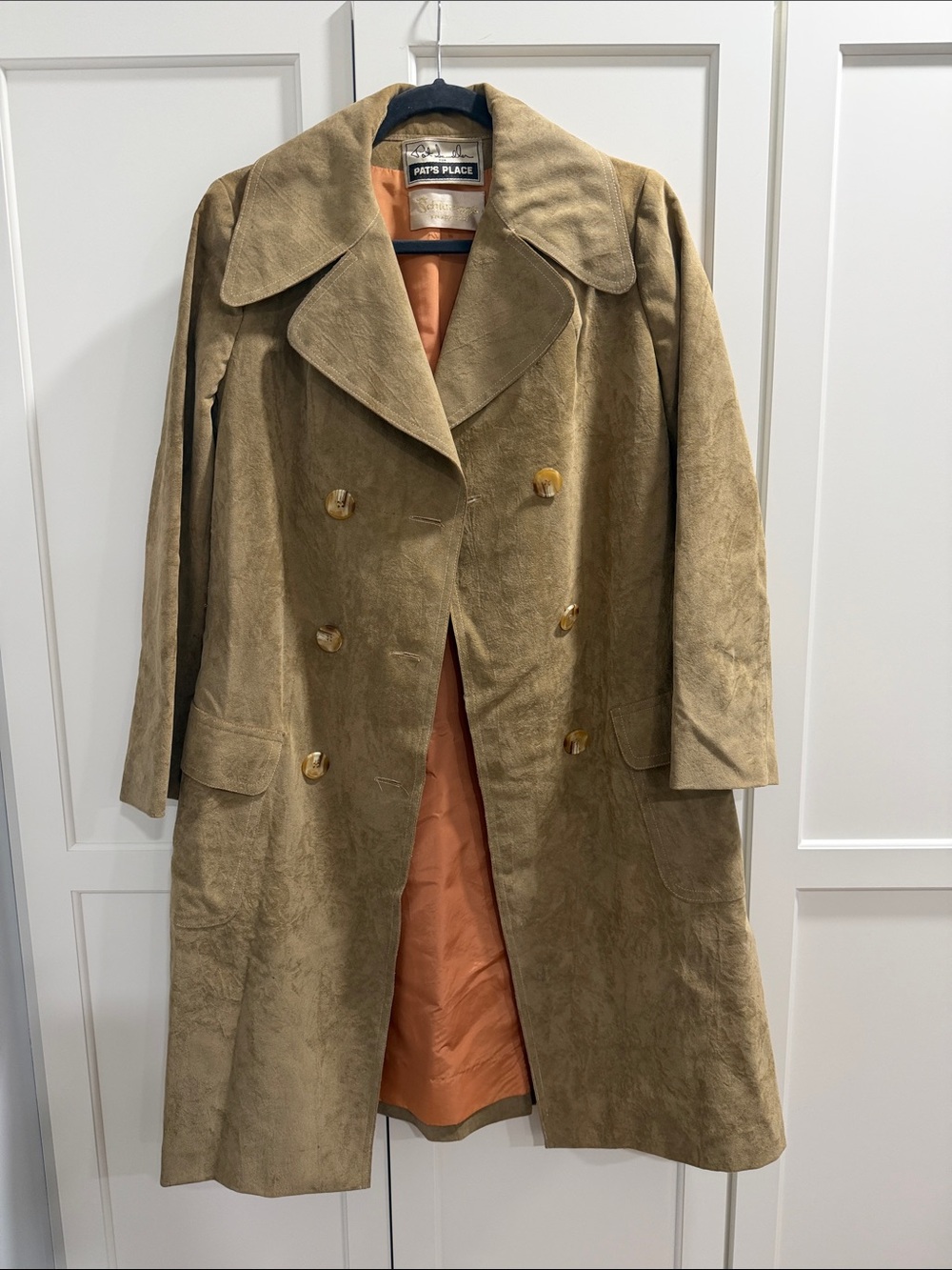 Double-Breasted Suede Trench Coat in Tan with Orange Lining